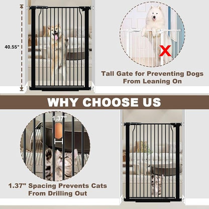 40.55" Extra Tall Dog Gate for Doorways Stairs, 60.3-62.9 in Wide Baby Walk Thru, Pressure Mounted Pet No Drill, Large Doggie With Door, Auto Close Indoor, Black