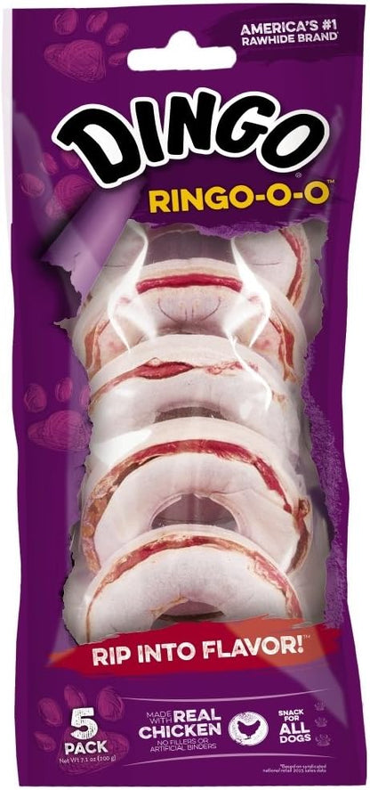 Dingo Ringo-o-o, Premium Rawhide Treats with Real Meat for Small, Medium, and Large Dogs 5-Count