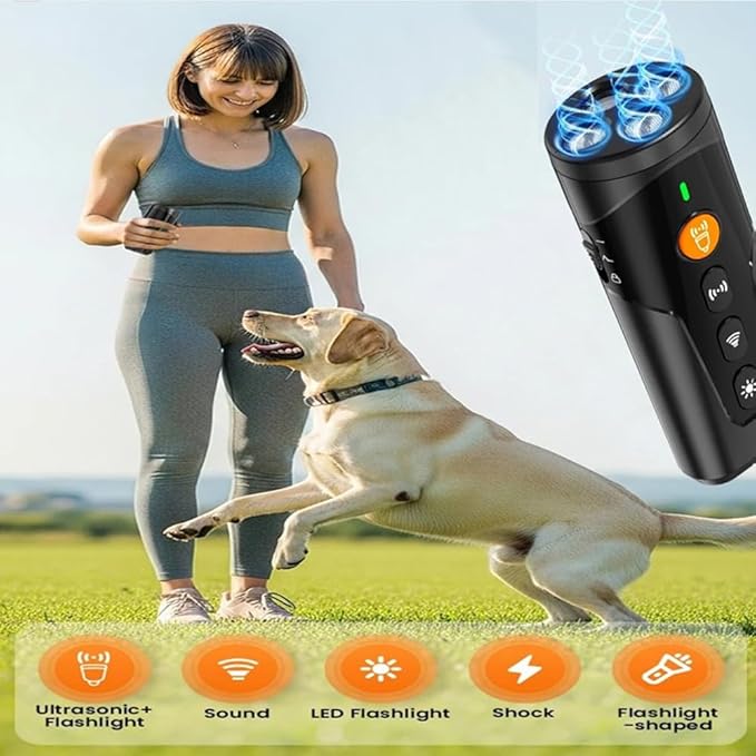 Dog Bark Deterrent Device [2025 Upgrade] – 3-in-1 Ultrasonic Anti Barking Device & Dog Training Aid – Stop Barking Tool with Flashlight & Beep Mode – Portable & Humane 25ft Range (Safe