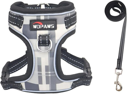 No Pull Dog Harness and Leash Set-Reflective Plaid Design, Adjustable & Comfortable with Front D Ring for Small Medium Dogs (S, Black Plaid)