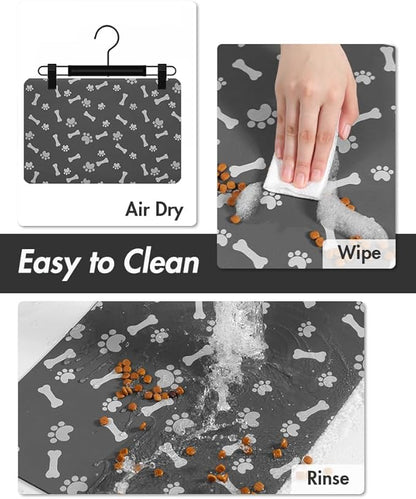 MontVoo Dog Food Mat-Large Pet Feeding Mat for Food and Water-No Stains Quick Dry Dispenser Cat Bowl Mat for Messy Drinkers(23"X34" Dark Grey)