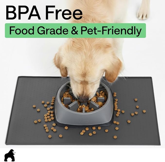 GORILLA GRIP 100% Waterproof Raised Edge BPA Free Silicone Pet Feeding Mat, Dog Cat Food Mats Contain Spills Protects Floors, Placemats for Cats and Dogs Water Bowl, Pets Accessories 23x15 Charcoal