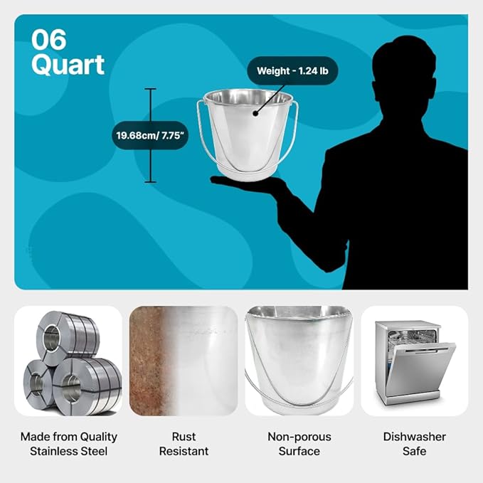 Heavy Duty Stainless Steel Bucket 1.5 Gallon - 6 Quart Flat Side Metal Bucket for Feeding & Watering Pets, Livestock & Cleaning - Perfect for Crates, Kennels, Cages & Hang on Fences