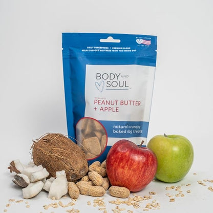 Body and Soul Peanut Butter + Apple Crunchy Premium Training Dog Treat Superfood Oven Baked Biscuits Oats Barley & Quinoa, Clean Natural Plant Protein, No Additives No Fillers Made in USA 2Pk (20oz)