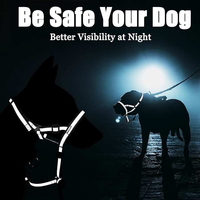 BARKLESS Reflective Head Collar, No Pull Collar for Large Dogs, Anti-Pull Muzzle Leash for Large Sized Breed, Adjustable Soft Dog Halter, Nose Leash for Easy Control on Walks