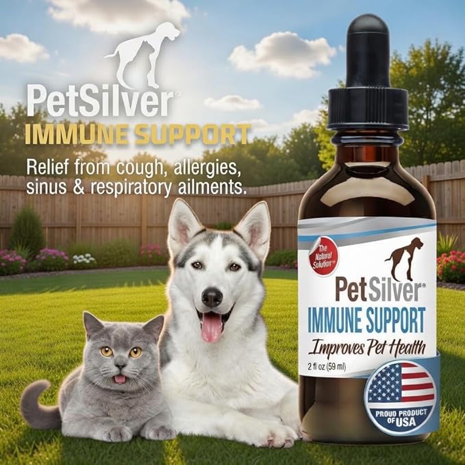 PetSilver Immune Support - Promotes Respiratory Health in Cats & Dogs, Sinus & Kennel Cough Treatment, Natural Antibiotic, Allergy Relief, Chelated Silver Formula, Easy-to-Use Dropper, USA - 2 fl oz