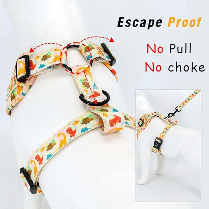 Adjustable Dog Harness and Leash Set for Girl Air Mesh Dog Vest Harness 5Ft Pet Training Leash with Soft Handle Pet Escape Proof for Small Medium Large Dogs (Dinosaur, L)
