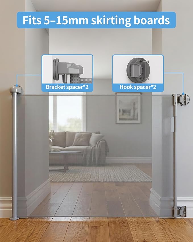 Veraste Retractable Baby Gate for Doorways and Stairs, Mesh Safety Gate for Pet, Indoor & Outdoor Use, One-Hand Operation, Easy Installation, 33.6" Tall, Expands to 55" Wide（Grey,33.6"x55"