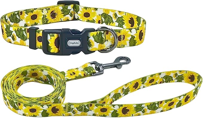 Dog Collar Leash Set, Floral Pattern, 5ft Matching Leash, Polyester Material, 4 for Small Medium Large Dogs.(S, Sunflower)
