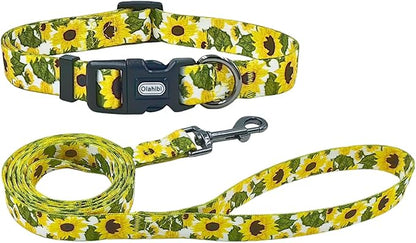 Dog Collar Leash Set, Floral Pattern, 5ft Matching Leash, Polyester Material, 4 for Small Medium Large Dogs.(S, Sunflower)