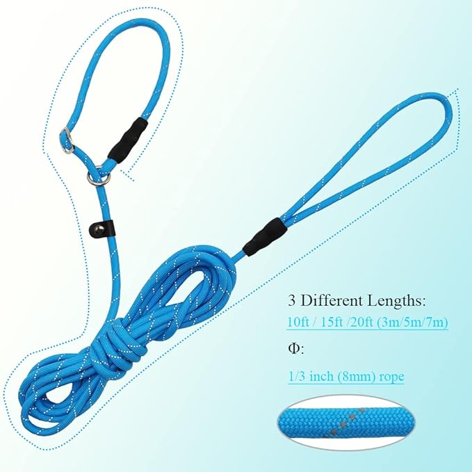 BTINESFUL 10FT / 15FT / 20FT Slip Lead Dog Leash, Reflective 1/3” Rope Leash Long Training Lead for Small Medium Dogs (20ft, Blue)