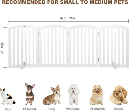 Bonnlo 30” Tall Free Standing Dog Gate for Doorways, 4 Panel Folding Pet Gates for The House Extra Wide, Indoor Dog Fence Wooden Gate for Puppy | Up to 83” Wide | White | 4 Foot Supporters