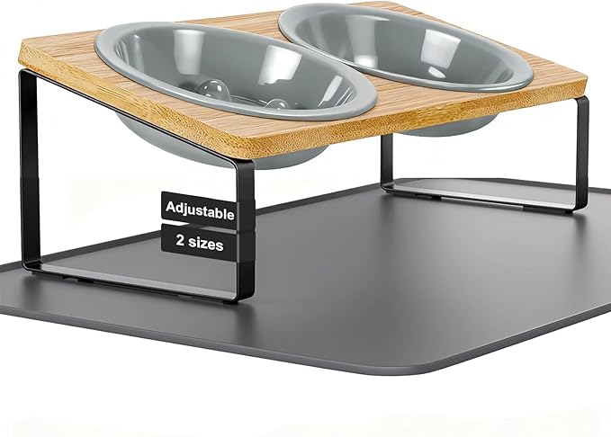 LEAWALK Upgraded Adjustable Height Cat Food Bowls Stand Ceramic Dog Bowls and Slow Feeder Cat Bowl, 15°Tilted Stand Anti Vomiting Raised for Small and Medium Sized Cats Dogs (Grey (2 Bowl+Pet mat))