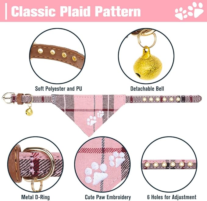 EXPAWLORER Puppy Collar and Leash Set - Embroidery Pawprints Plaid Dog Collar and Dog Leash Set, Bow Tie and Bandana Dog Collar with Bell, Collar and Leash for Dogs Cats Outdoor Walking, Pink S