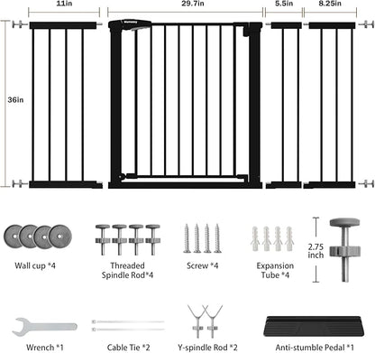 Mumeasy 36" Extra Tall Baby Gate for Doorways, 29.7"-57" Extra Wide Dog Gate for Stairs, Pressure Mounted Auto Close Pet Safety Gate with Easy Walk Thru Door, Large Indoor Child Gate for House, Black