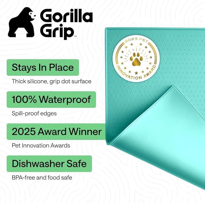 GORILLA GRIP 100% Waterproof Raised Edge BPA Free Silicone Pet Feeding Mat, Dog Cat Food Mats Contain Spills Protects Floors, Placemats for Cats and Dogs Water Bowl, Pets Accessories 16x10, Turquoise