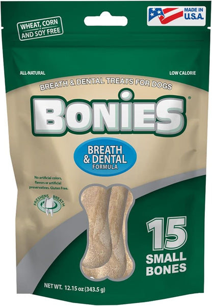 Bonies Natural Breath and Dental Formula Small-Sized Single Bone - All-Natural Ingredients, Fresh Breath, Cleans Teeth, Low Calories, Chicken Flavor, Small Dogs, 15 Bones
