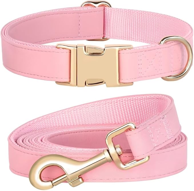 PET ARTIST Soft PU Leather Dog Collar and Leash Set, Bright & Stylish 5FT PU Leather Leash and Collar Set, Durable Pet Collars with Quick Release Metal Buckle for Large Dogs,Pink,L(16-27")
