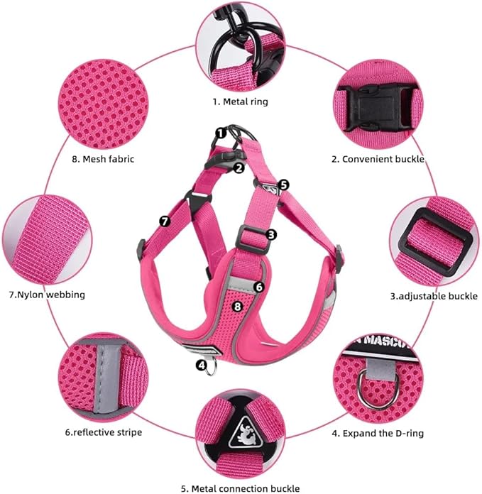 Dog Harness and Leash Set, Adjustable Triangle, Reflective Adjustable Puppy Vest, No Pull Soft Mesh Harness for Small, Medium Dogs, Cats (Fuchsia, L)