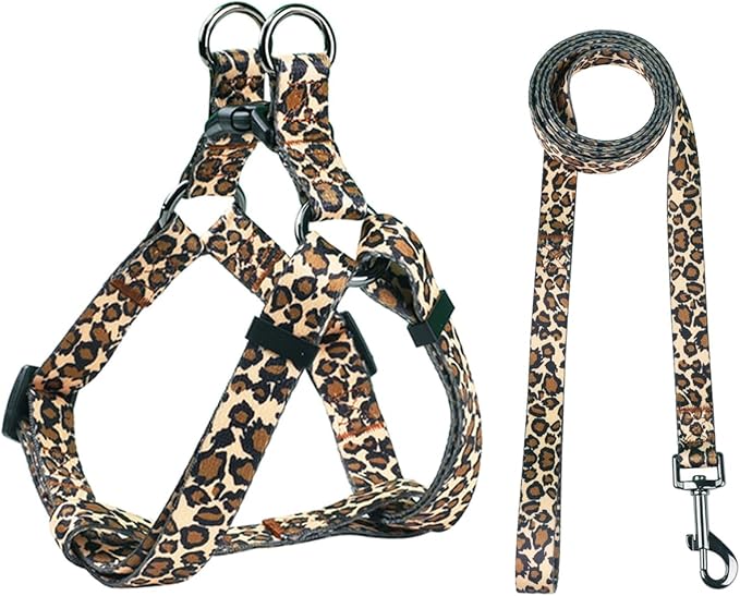 Harness and Leash Set, Leopard Pattern, 5ft Matching Leash, No Pull, Easy Wear for Small Dogs.(S, Brown Leopard)