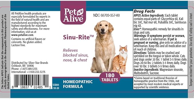 PetAlive Sinu-Rite Dog and Cat Nasal Congestion Relief - Homeopathic Tablets - Supports Relief from Dog Sinus Congestion, Runny Nose, Facial Pressure - Dog Sneezing Treatment - 180 Count