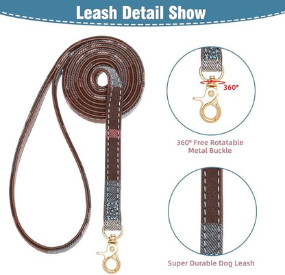 EXPAWLORER Dog Collar and Leash Set - Classic Plaid Bow Tie & Dog Bandana Collar with Bell, Dog Leash Tangle Free, Adjustable Collars for Puppy Small Dogs and Cats, Holiday Ideal Gift, Blue XS