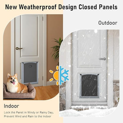 Aluminum French Large Dog Door, Heavy-Duty with Strong Double Magnetic Flaps & Aluminum Telescoping Tunnel, for Large/Medium Dogs Up to 110LBS - Gray