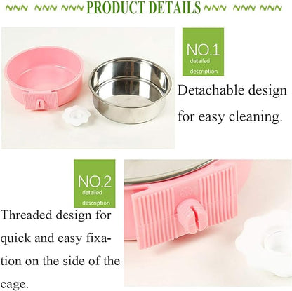 kathson Crate Dog Bowl, Removable Stainless Steel Hanging Pet Cage Bowl Food & Water Feeder Coop Cup for Cat, Puppy, Birds, Rats, Guinea Pigs (2 PCS, Size: M, Blue and Pink)