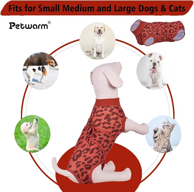 PetWarm Dog Recovery Suit, Surgical Suit for Dogs Female Spay Male Neutered, After Surgery Dog Onesie, Anti-Licking Dog Surgery Recovery Suit, Leopard Pattern, Red, M