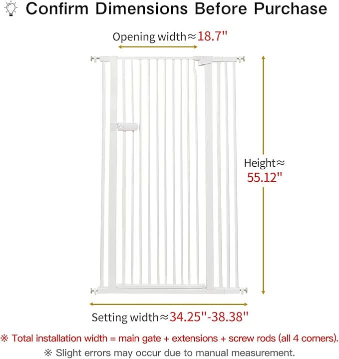 Lumizone Extra Tall Cat Gate 55.12" High Pressure Mounted Extra Wide 2025 New (17 Sizes) 1.37" Gap No Drilling Auto-Close One-Handed Operation Tall Pet Gate for Dogs(White, 55.12" H x 34.25"-38.38" W)