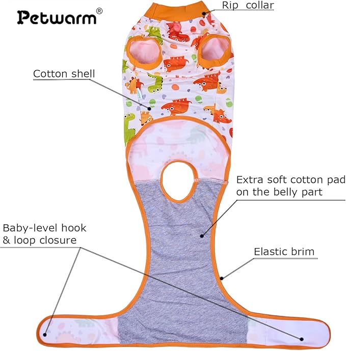 PetWarm Dog Surgery Suit, Onesies for Dogs, Professional Dog Abdominal Wounds Bandages Substitute E-Collar and Cone, Anti-Licking Surgical Recovery Suit for Dogs, Dinosaur Pattern, Yellow, L