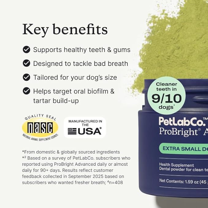 PetLab Co. ProBright Advanced Dental Powder - Dog Breath Freshener - Teeth Cleaning Made Easy – Targets Tartar & Bad Breath - Packaging May Vary - Formulated for Extra Small Dogs