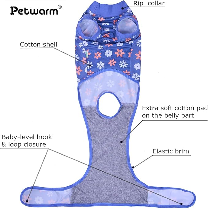 PetWarm Recovery Suit for Dogs Female Spay, Dog Bodysuit for Sensitive Skin Areas, Professional Dog Abdominal Affected Areas Bandages Substitute E-Collar and Cone, Flower Pattern, Blue, 2XL