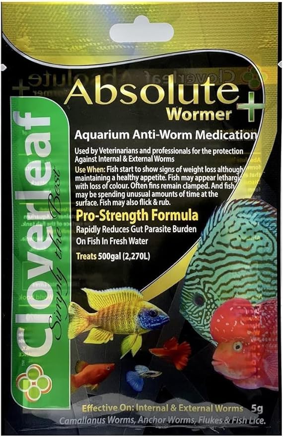 Absolute Wormer Plus (5g) Fish wormer Powder, Rapidly Reduces Gut Parasite Burden. Aquarium Anti-wormer. Effective Against flukes, Worms, parasites, and Fish lice. Internal and External parasites