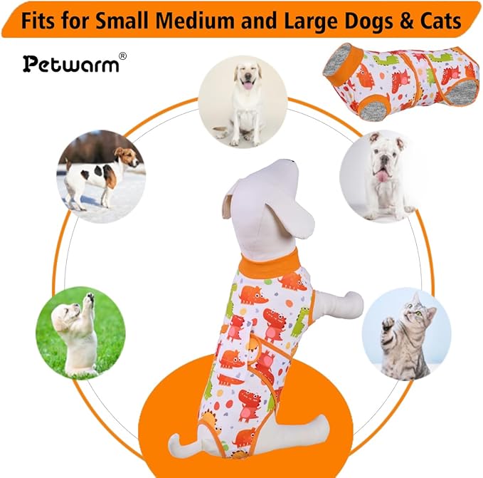 PetWarm Dog Surgery Suit, Onesies for Dogs, Professional Dog Abdominal Wounds Bandages Substitute E-Collar and Cone, Anti-Licking Surgical Recovery Suit for Dogs, Dinosaur Pattern, Yellow, L