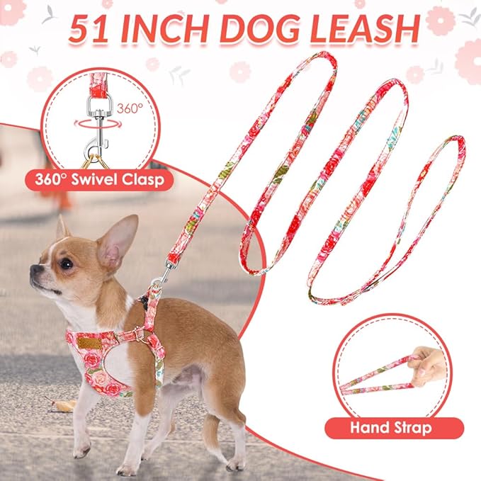 Lukovee Puppy Harness and Leash Set, No Pull Lightweight Soft Suede Adjustable Pet Harness Vest with Snap Buckle for Puppy Small and Medium Size Dog (Pink Rose, XXS)