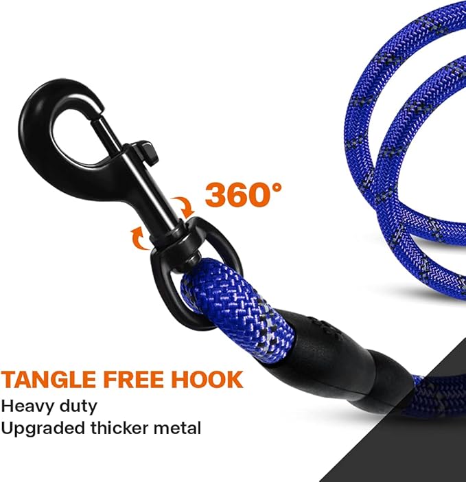 Taglory Rope Dog Leash 5 FT with Comfortable Padded Handle, Highly Reflective Threads Leash and Anti-Tangle Clip for Walking Medium Large Dogs, 1/2 inch, Navyblue