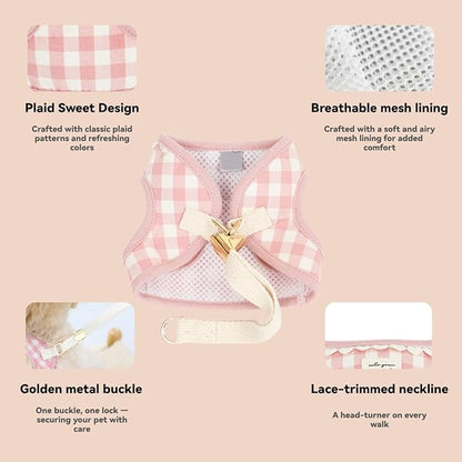 Country Chic Pet Harness and Leash Set, Gingham Pattern Breathable Mesh (Pink, L(14.3-22.0 IBS)/(6.5-10 KG))