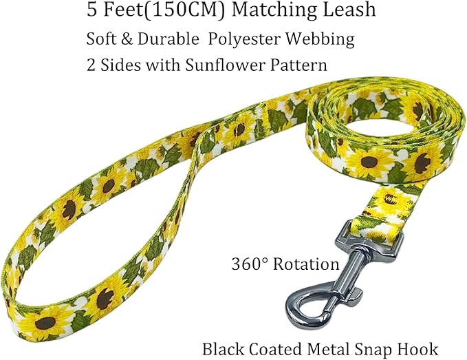 Dog Collar Leash Set, Floral Pattern, 5ft Matching Leash, Polyester Material, 4 for Small Medium Large Dogs.(XS, Sunflower)