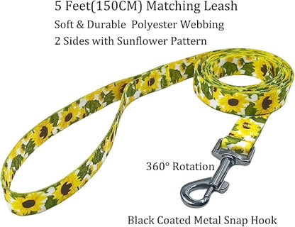 Dog Collar Leash Set, Floral Pattern, 5ft Matching Leash, Polyester Material, 4 for Small Medium Large Dogs.(XS, Sunflower)