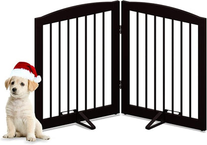 PUPETPO Freestanding Pet Gate for Dogs, Foldable Wooden Dog Gate for House, Indoor Pet Barrier for Stairs, Doorways, Support Feet Included, 24" Height 2 Panels, Brown