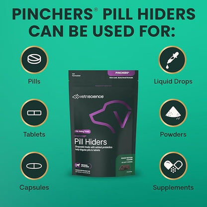 VetriScience Pinchers Pill Hiders Chews, Non-Greasy with Probiotics for Dogs, Disguise Small Capsules and Tablets, Soft and Chewy, Gut and Immune Support, Peanut Butter, 45 Count