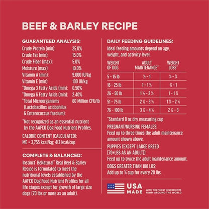 Instinct BeNatural, Natural Dry Dog Food, Raw Coated Kibble, Whole Grain - Real Beef & Barley, 4.5 lb. Bag