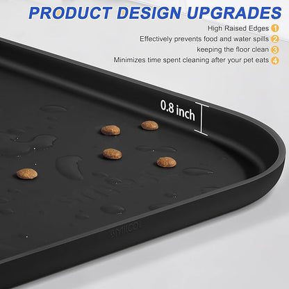 SMILOOL Silicone Pet Feeding Mat with Raised Edge for Food and Water, Dog Bowl Mats, Cat Bowls Placemat with High Lip for Floor Waterproof, Rubber Tray for Cats and Dogs 24 x 16 x0.8 Black