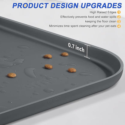 SMILOOL Silicone Pet Feeding Mat with Raised Edge for Food and Water, Dog Bowl Mats, Cat Bowls Placemat with High Lip for Floor Waterproof, Rubber Tray for Cats and Dogs 19 x 12 x 0.7 Dark Grey