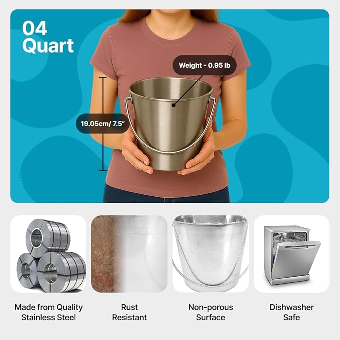 1 Gallon Heavy Duty Stainless Steel Bucket - Rust-Resistant Metal Bucket for Feeding & Watering Pets, Livestock & Cleaning - Perfect for Crates, Kennels, Cages & Hang on Fences - 4 Quart