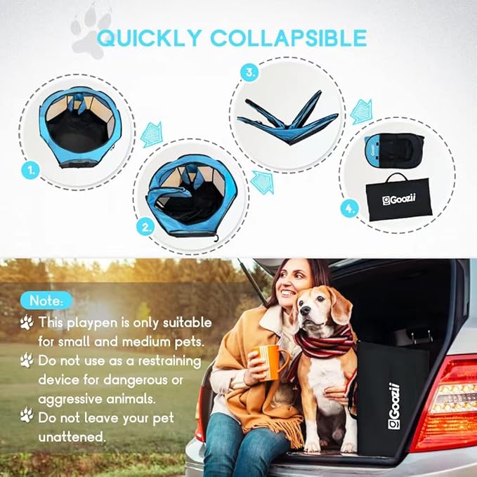 Goozii Dog Playpen for Large Dogs Portable Collapsible, Indoor Outdoor Cat Pet Puppy Exercise Play Pen Tent Crate Cage with Zipper Door Top Cover Floor for Camping (Large Size, Blue)