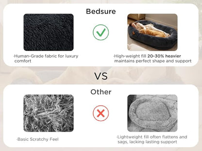 Bedsure Calming Human Dog Bed, 71" x 44" x 12" Giant Human Dog Bed for Adults People Fits Pet Families with Storage Pocket, Fluffy Faux Fur Orthopedic Pet Bean Bed, Frost Grey