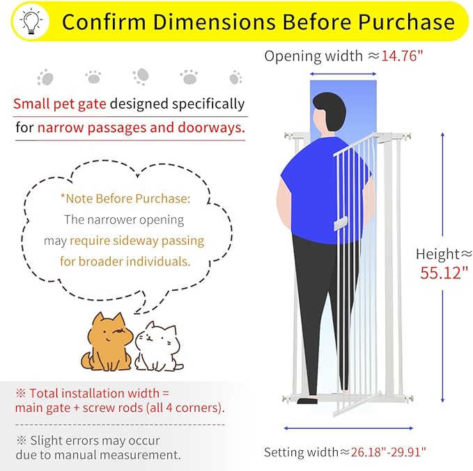 Lumizone Extra Tall Cat Gate 55.12" High Pressure Mounted Extra Wide 2025 New (17 Sizes) 1.37" Gap No Drilling Auto-Close One-Handed Operation Tall Pet Gate for Dogs(White, 55.12" H x 26.18"-29.91" W)