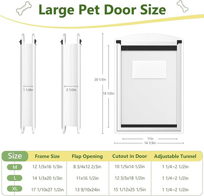 [Classicmacher] Dog Door for Door, All-Stainless Steel Frame Doggie Door with Double Soft Flaps and 2 Sliding ABS Panels, Easy to Install, Perfect for Large Dogs Under 110 LBS (White, Double Flaps)
